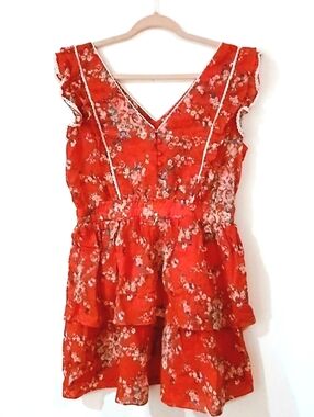 Betsey Johnson Red Floral Ruffle Mini Dress Lace Trim V Neck Cottagecore